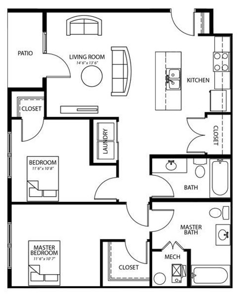 Floor plan for 2 beds, 2 baths, 958 sqft